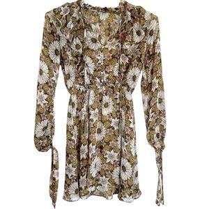 Lost & Wander Dress Floral Sheer Khaki Green Pink Daisies Ruffle Size Medium